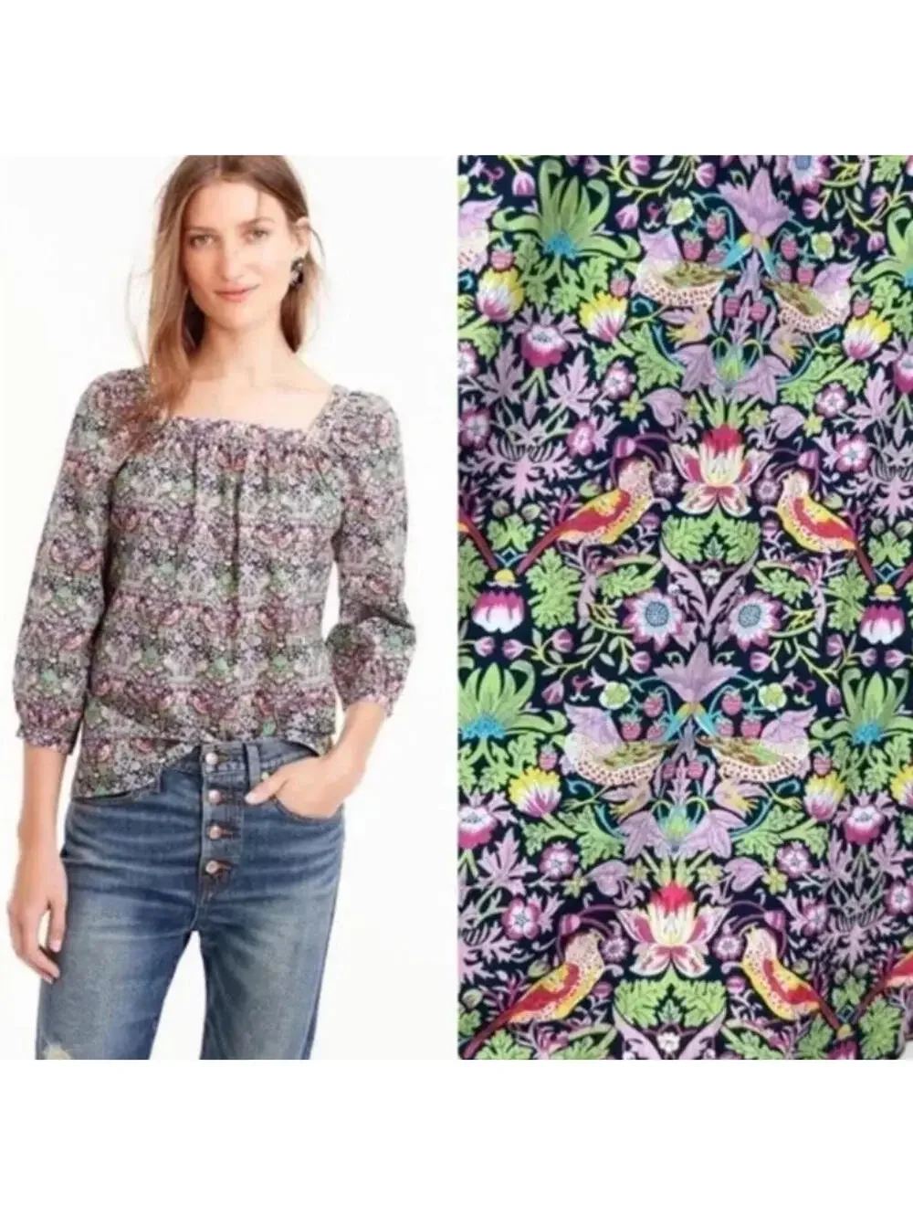 House of Liberty J Crew Sz 6 Floral Bird Print Top Squared Neck 3/4 Sleeves